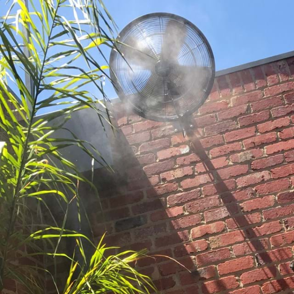 Outdoor misting fans at Watermarc